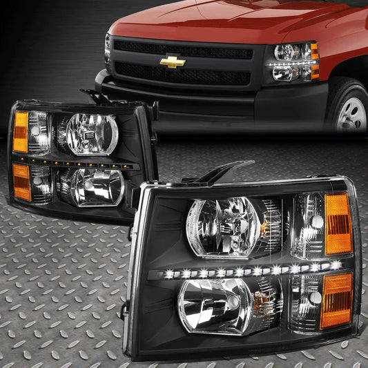 2007-2013 Chevy Silverado black housing headlight with LED DRL strip