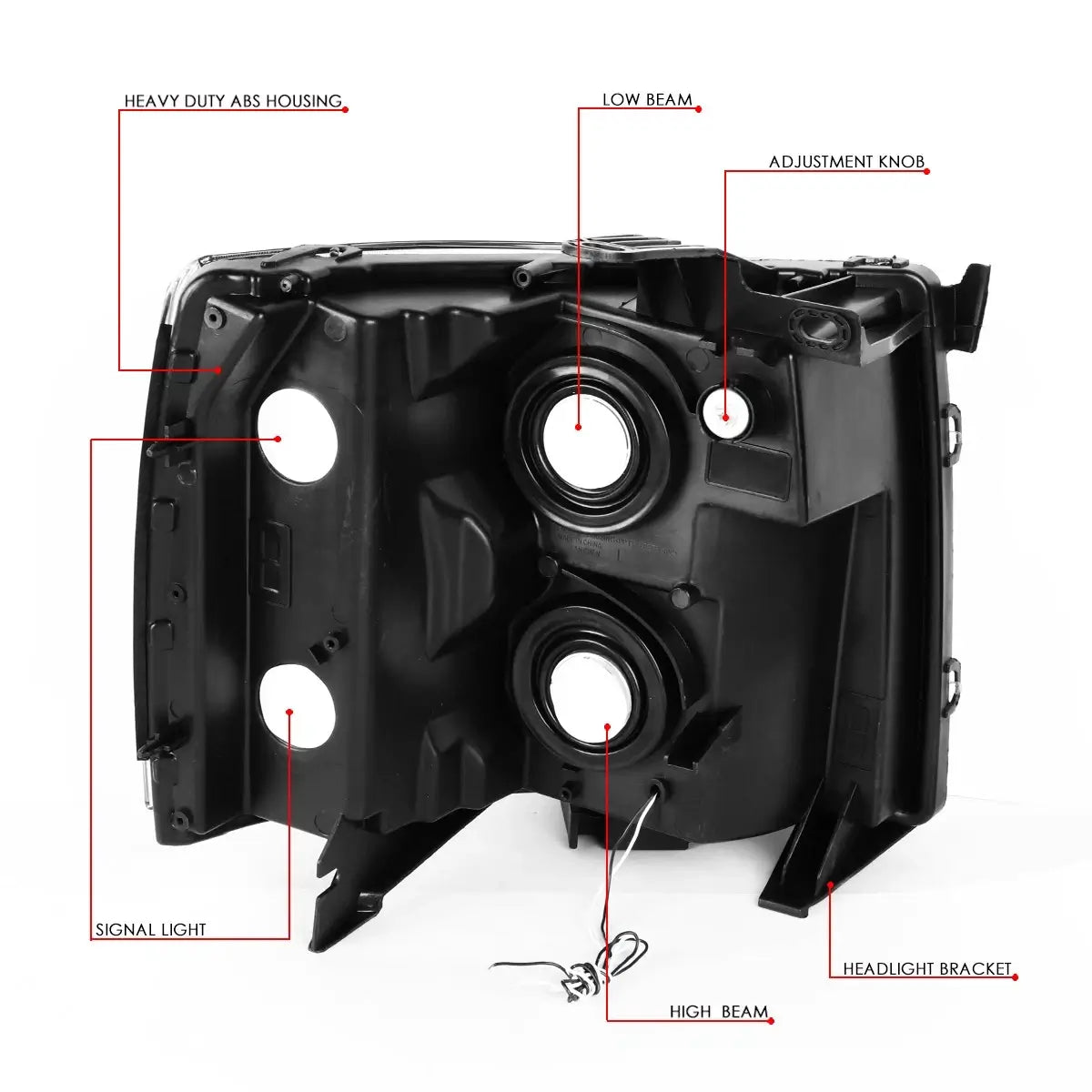 2007-2014 Silverado HD headlight assembly mounting tabs and rear housing