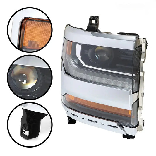 Side detail view of Silverado HID headlight showing LED DRL strip and projector lens