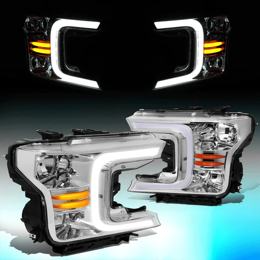 LED DRL Headlight Set for 2018-2021 Ford F-150 Halogen Models Chrome Housing