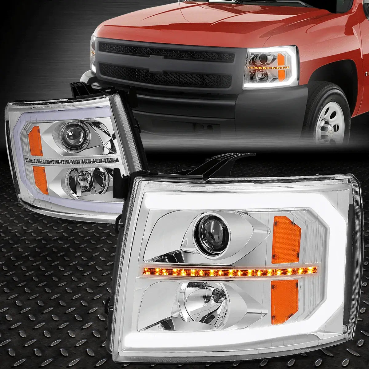 2007–2014 Chevy Silverado Chrome LED DRL Projector Headlight Set with Sequential Turn Signal