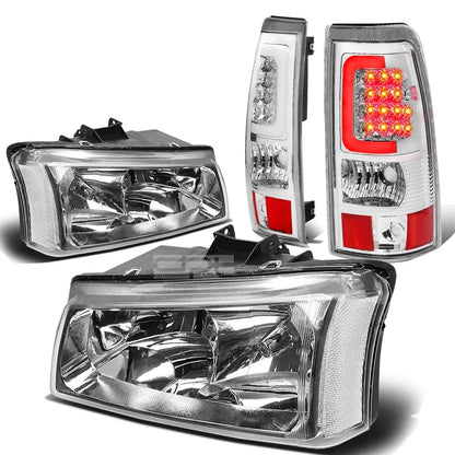 2003–2007 Chevy Silverado chrome headlight and 3D LED tail light kit laid out for fleetside trucks