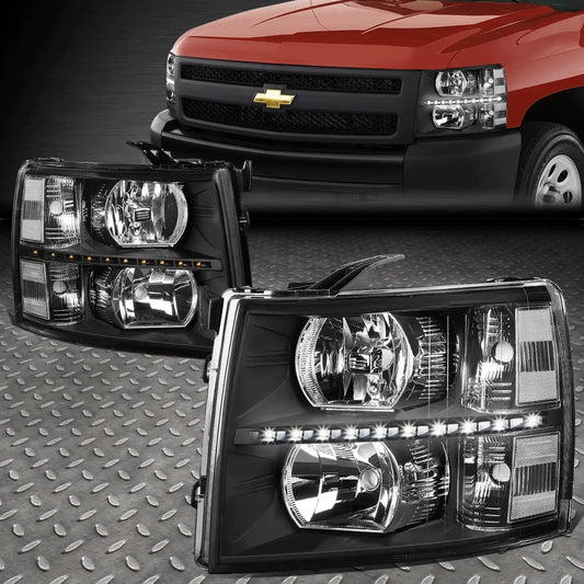2007–2014 Chevy Silverado black LED DRL headlight assembly pair front view
