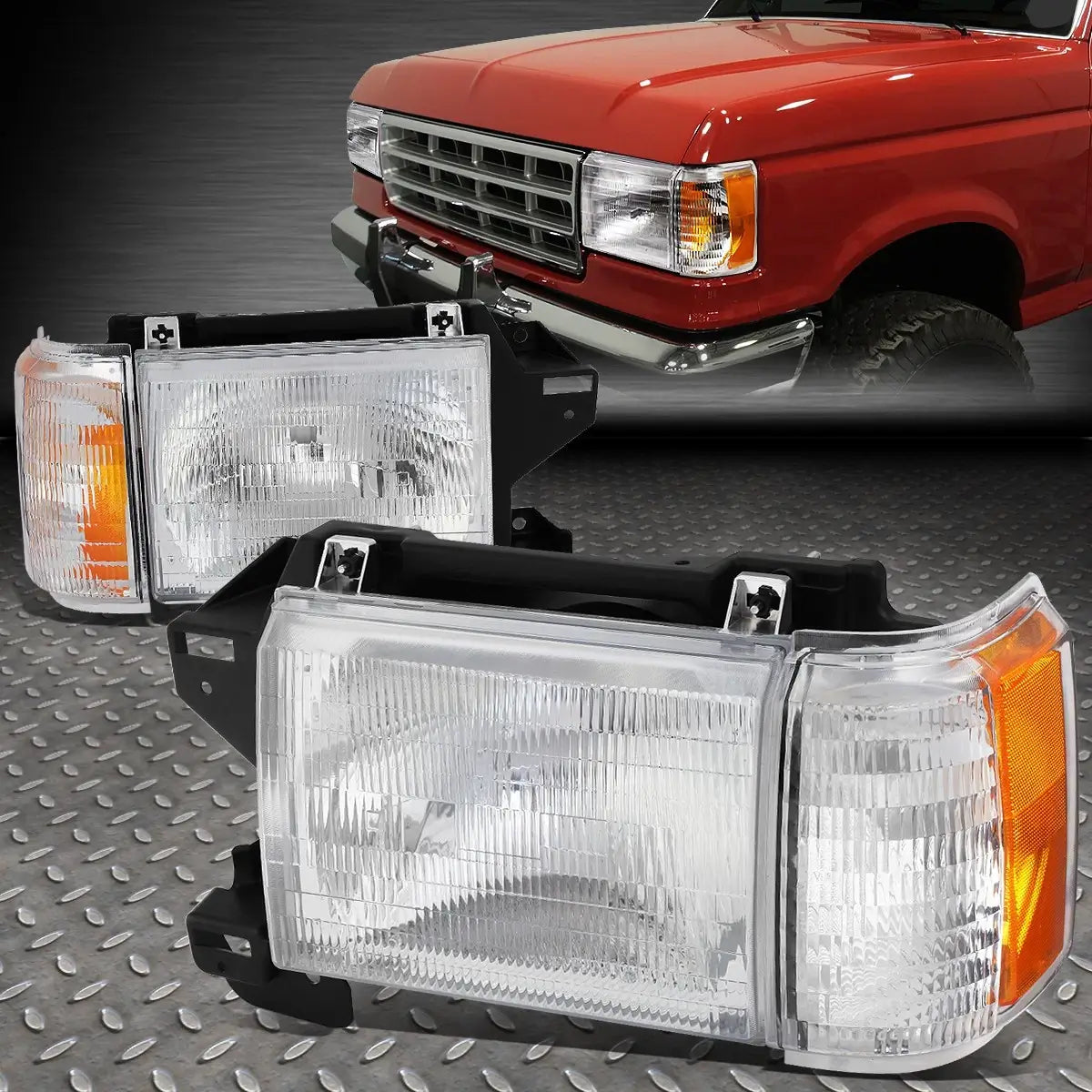 For 1987–1991 Ford F-150/F-250/F-350 & Bronco Headlight + Corner Lamp Assembly Pair, Chrome Housing OE-Style Replacement