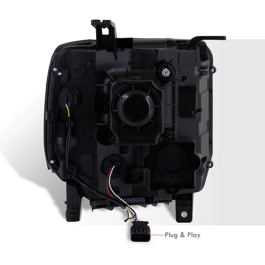 Plug-and-play 12V HIR2 halogen bulb installation for GMC Sierra projector headlights, showing simple upgrade process.