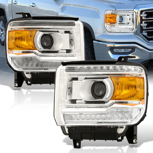 Front view of a pair of Chrome OE-Style LED DRL headlights for 2014-2018 GMC Sierra trucks.
