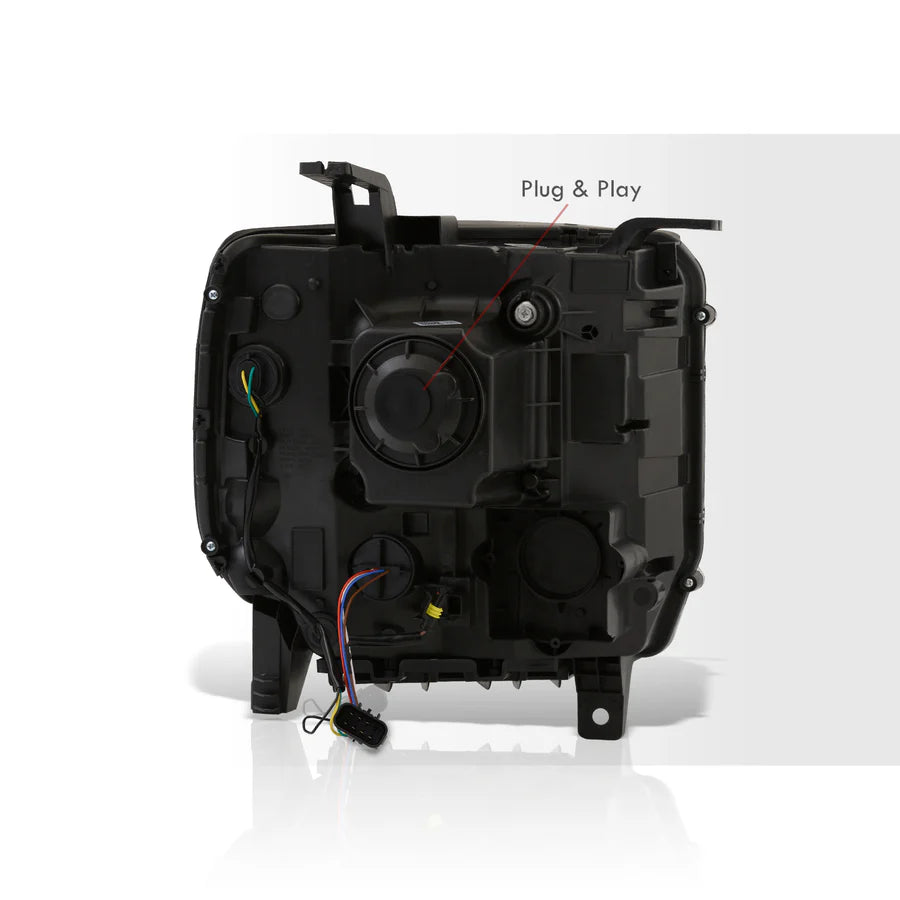 Rear view of the headlight housing showing the black casing, wiring harness, and a "Plug & Play" connector location.
