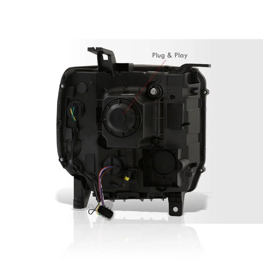 Rear view of the headlight housing showing the black casing, wiring harness, and a "Plug & Play" connector location.