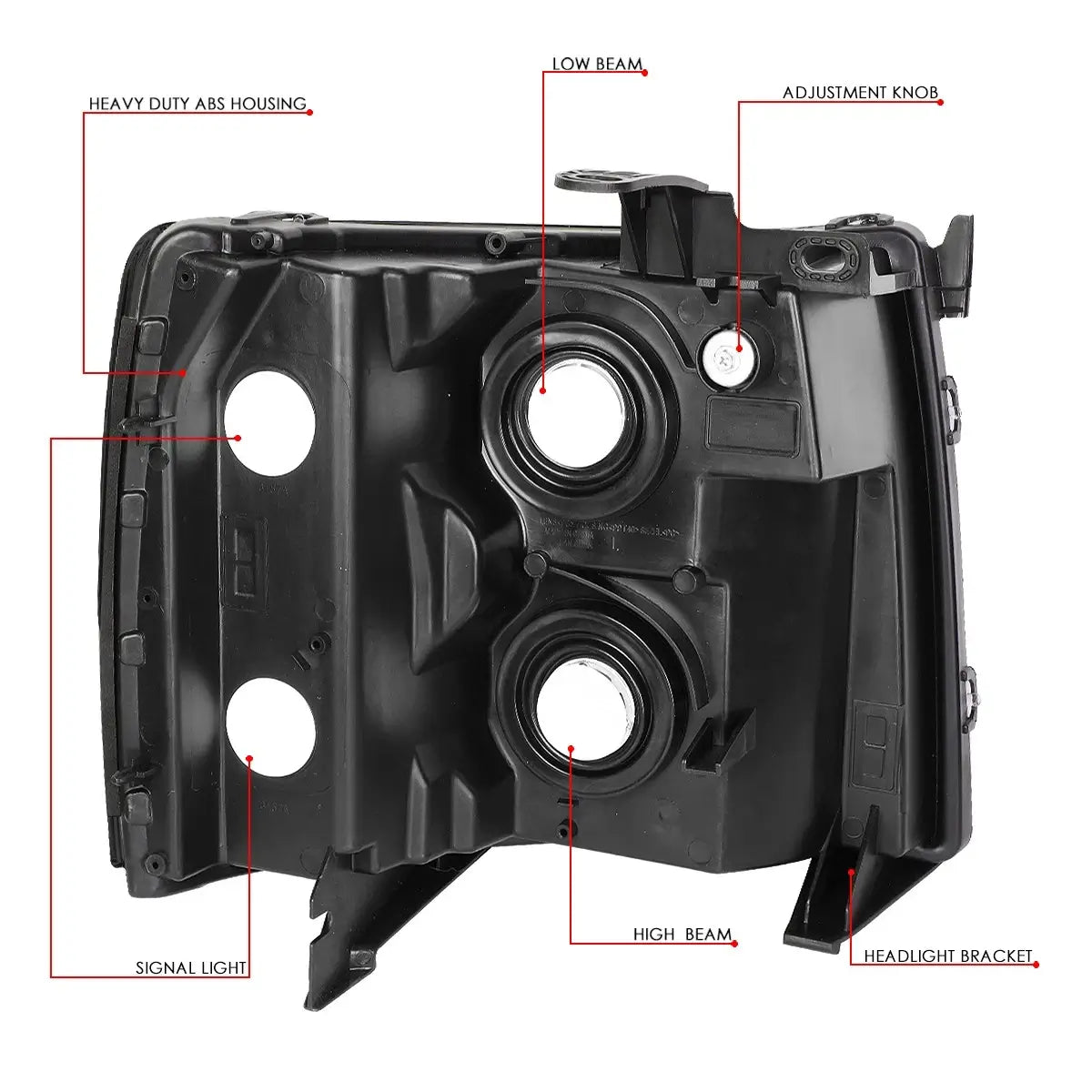 Back view of Silverado replacement headlight showing mounting points and bulb sockets
