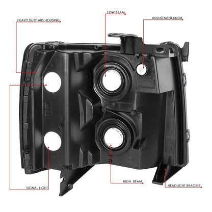 Back view of Silverado replacement headlight showing mounting points and bulb sockets

