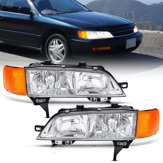 1994 1995 1996 1997 Honda Accord Headlight Assembly Chrome Housing Amber Reflector Clear Lens Headlights - Top Tuning Boost