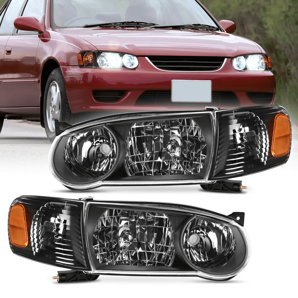 2001 2002 Toyota Corolla Headlight Assembly Black Housing Amber Reflector Headlights - Top Tuning Boost
