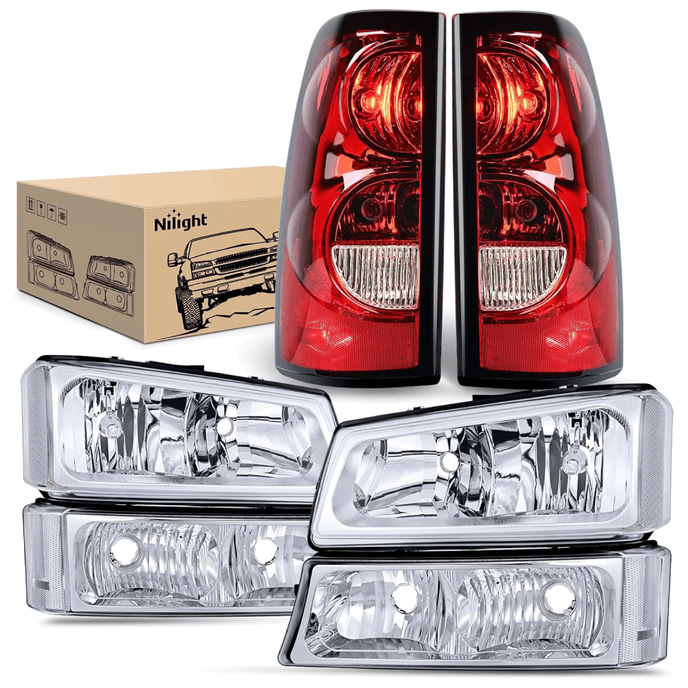 2003 2004 2005 2006 Chevy Silverado 1500 1500HD 2500 2500HD 3500 2007 Chevy Silverado 1500 2500 3500 Classic OE Style Chrome Housing Clear Reflector Headlight Taillight Assembly Tail Lights - Top Tuning Boost