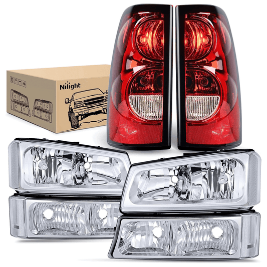 2003 2004 2005 2006 Chevy Silverado 1500 1500HD 2500 2500HD 3500 2007 Chevy Silverado 1500 2500 3500 Classic OE Style Chrome Housing Clear Reflector Headlight Taillight Assembly Tail Lights - Top Tuning Boost