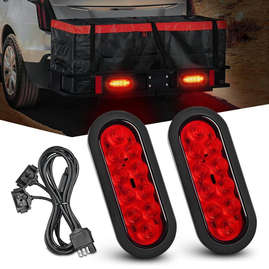 6 Inch Oval Red LED Trailer Tail Lights W/ Flush Mount Grommets Wire Harness (Pair) Tail Lights - Top Tuning Boost