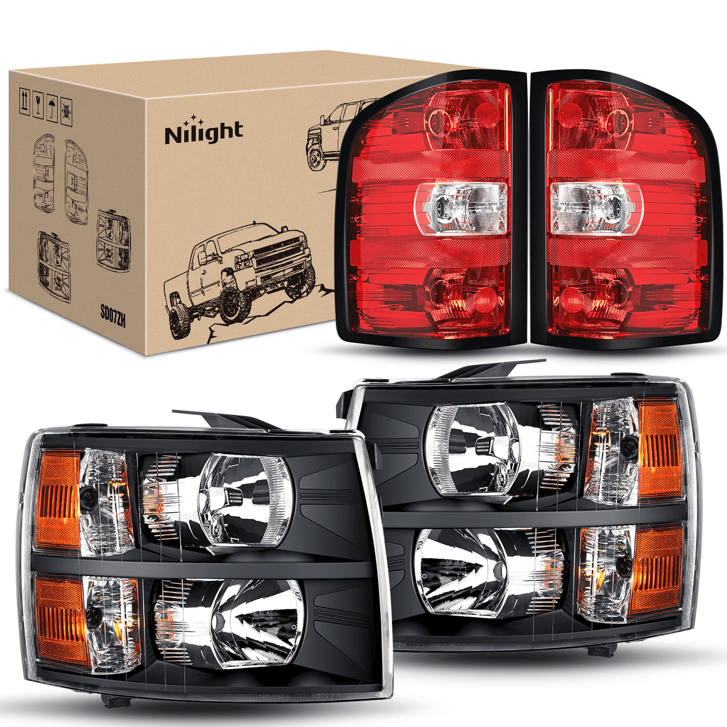 Headlight and Taillight Assembly Compatible with 2007 2008 2009 2010 2011 2012 2013 Silverado 1500 2007-2014 Silverado 2500HD 3500HD Black Housing Amber Reflector with Red Housing Tail Light Tail Lights - Top Tuning Boost