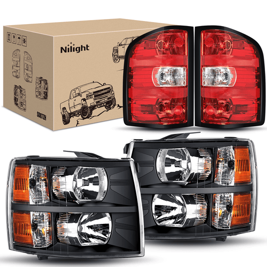 Headlight and Taillight Assembly Compatible with 2007 2008 2009 2010 2011 2012 2013 Silverado 1500 2007-2014 Silverado 2500HD 3500HD Black Housing Amber Reflector with Red Housing Tail Light Tail Lights - Top Tuning Boost