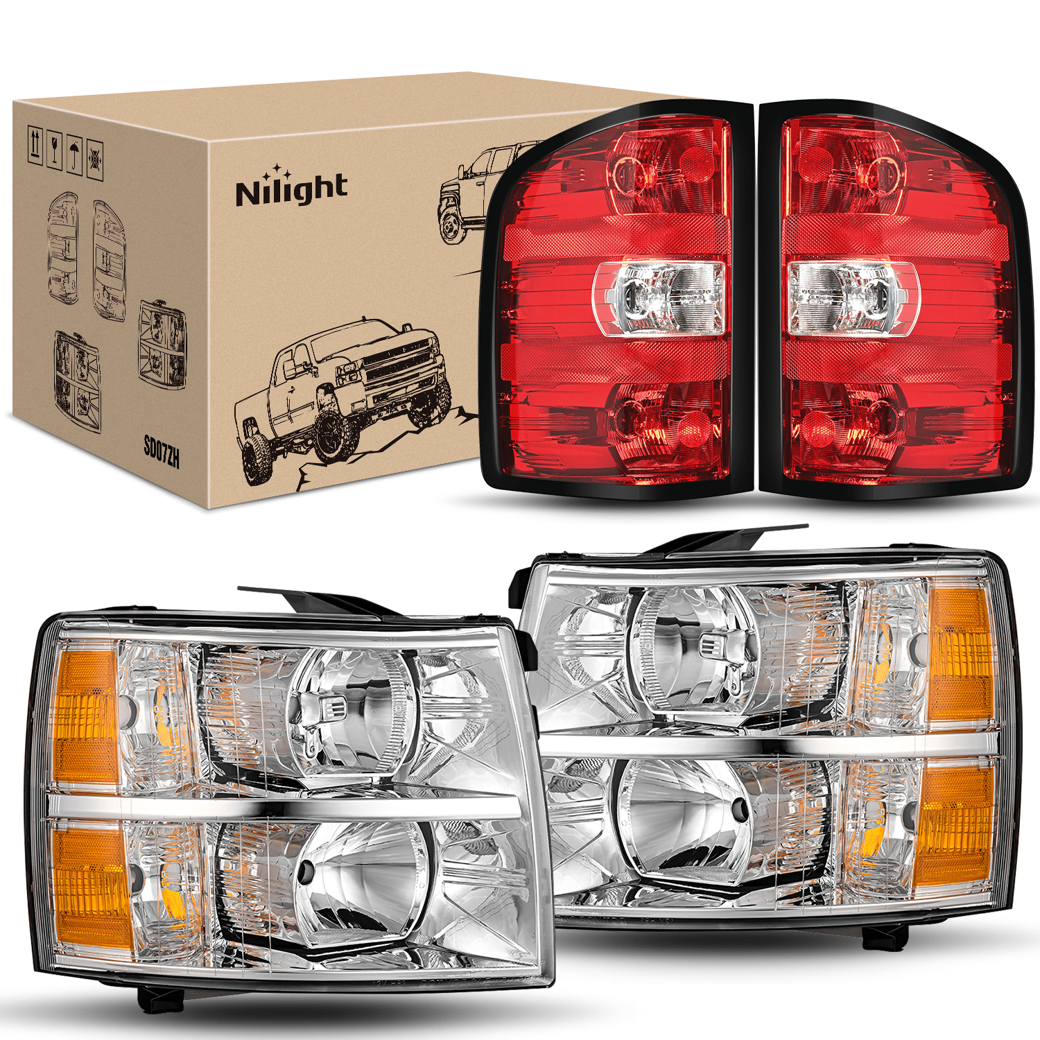 Headlight and Taillight Assembly Compatible with 2007 2008 2009 2010 2011 2012 2013 Silverado 1500 2007-2014 Silverado 2500HD 3500HD Chrome Housing Amber Reflector with Red Housing Tail Light Tail Lights - Top Tuning Boost