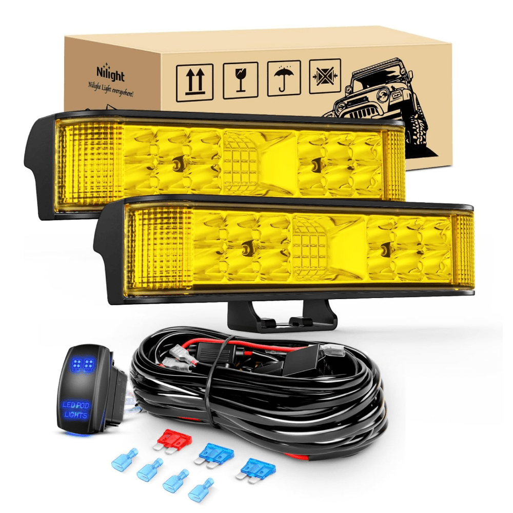 6.5 Inch 60W Amber Side Shooter Quadruple Row Spot Flood LED Light Bars (Pair) | 16AWG 5Pin Rocker Switch Wiring Harness Kit Light Bars - Top Tuning Boost