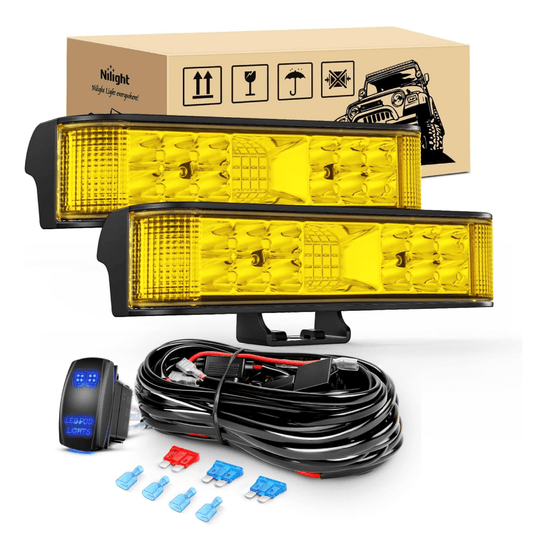 6.5 Inch 60W Amber Side Shooter Quadruple Row Spot Flood LED Light Bars (Pair) | 16AWG 5Pin Rocker Switch Wiring Harness Kit Light Bars - Top Tuning Boost