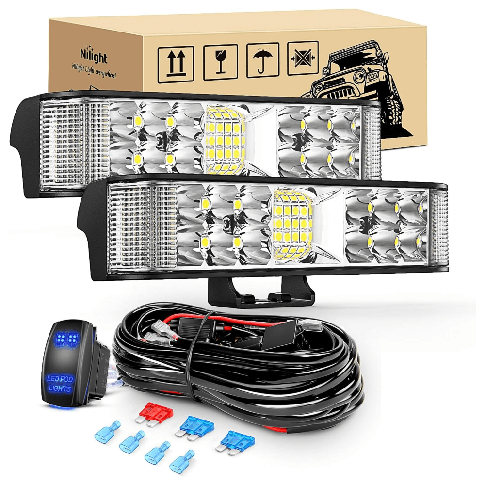 6.5 Inch 60W Side Shooter Quadruple Row Spot Flood LED Light Bars (Pair) | 16AWG 5Pin Rocker Switch Wiring Harness Kit Light Bars - Top Tuning Boost