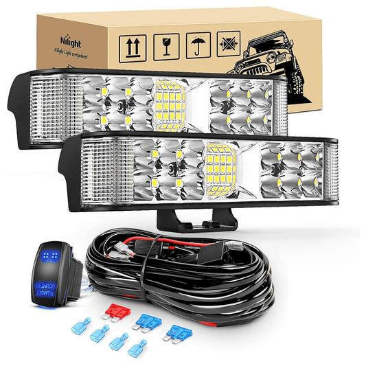 6.5 Inch 60W Side Shooter Quadruple Row Spot Flood LED Light Bars (Pair) | 16AWG 5Pin Rocker Switch Wiring Harness Kit Light Bars - Top Tuning Boost