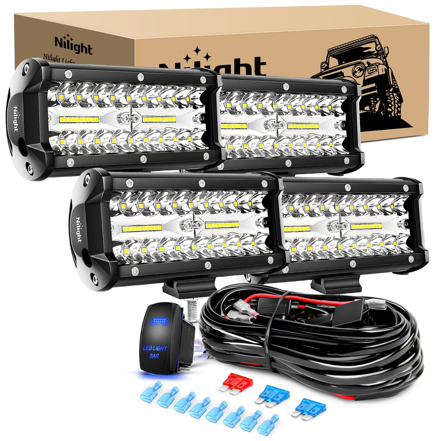 4PCS 6.5Inch 120W Triple Rows Led Light Bar with 16AWG 5Pin Switch Wiring Harness Kit 4 Leads Light Bars - Top Tuning Boost