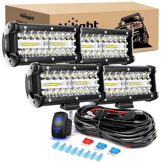 4PCS 6.5Inch 120W Triple Rows Led Light Bar with 16AWG 5Pin Switch Wiring Harness Kit 4 Leads Light Bars - Top Tuning Boost