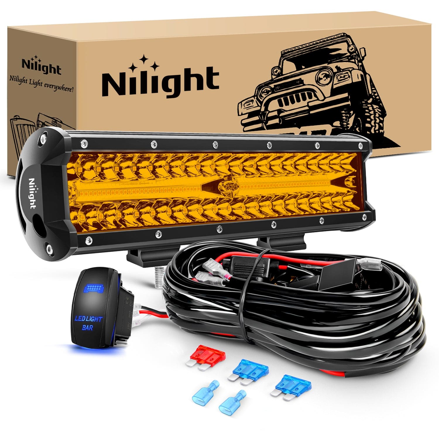 12Inch Amber 300W Triple Row Led Light Bar with 16AWG 5Pin Rocker Switch Wiring Harness Kit 1 Lead Light Bars - Top Tuning Boost