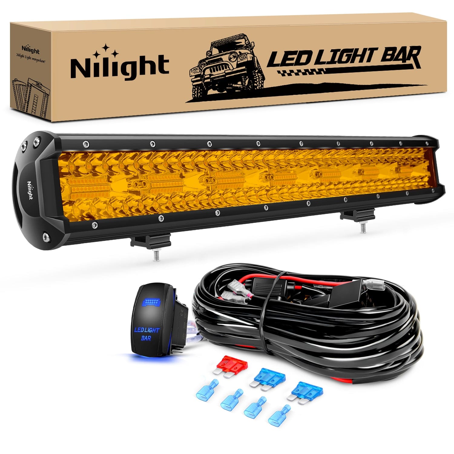 20Inch Amber 420W Led Light Bar with 16AWG 5Pin Rocker Switch Wiring Harness Kit 1 Lead Light Bars - Top Tuning Boost