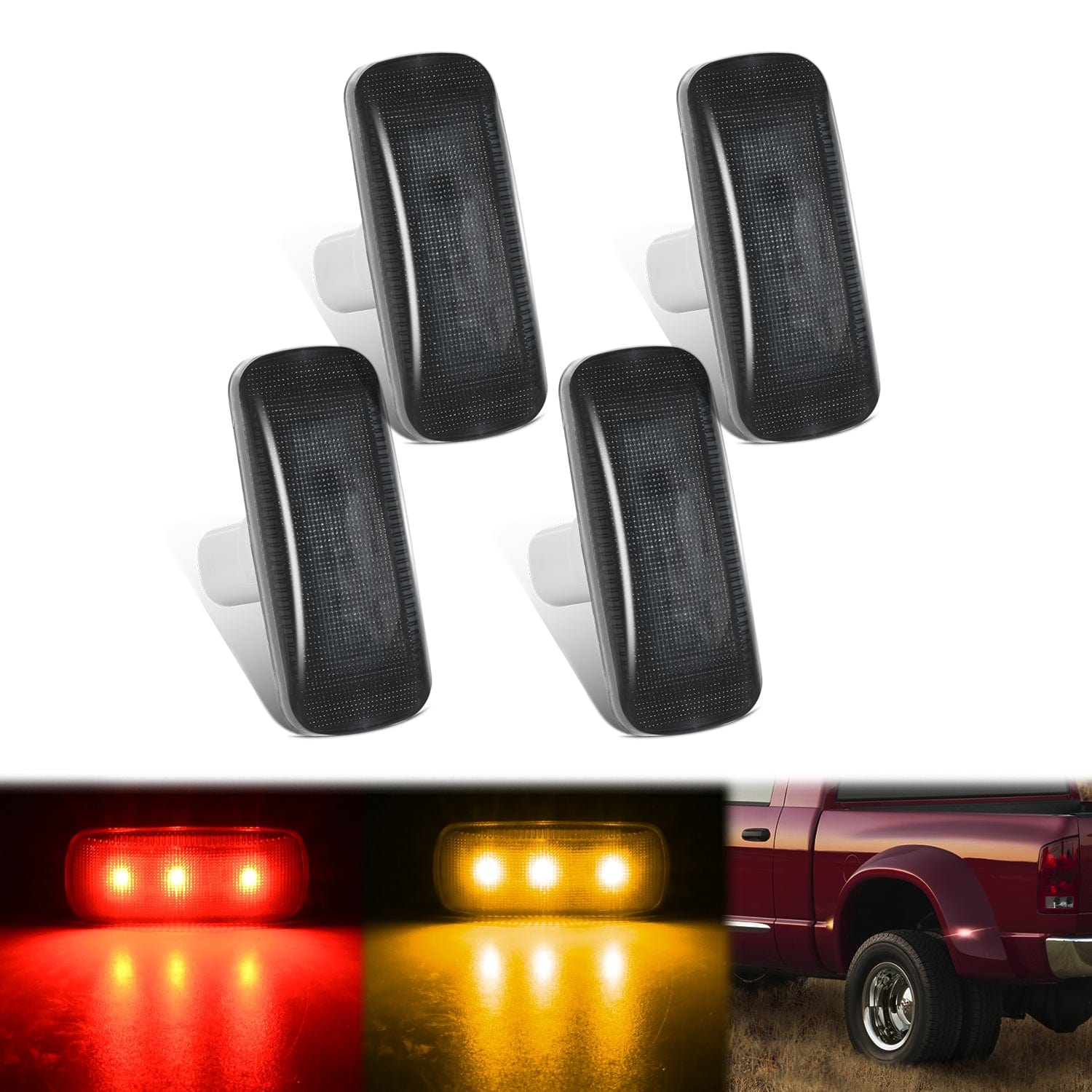 4 PCS 3 LED Red Amber Wheel Fender Side Marker Lights Smoked Lens Compatible With 2010-2018 Dodge Ram 2500 3500 Super Duty Headlights - Top Tuning Boost