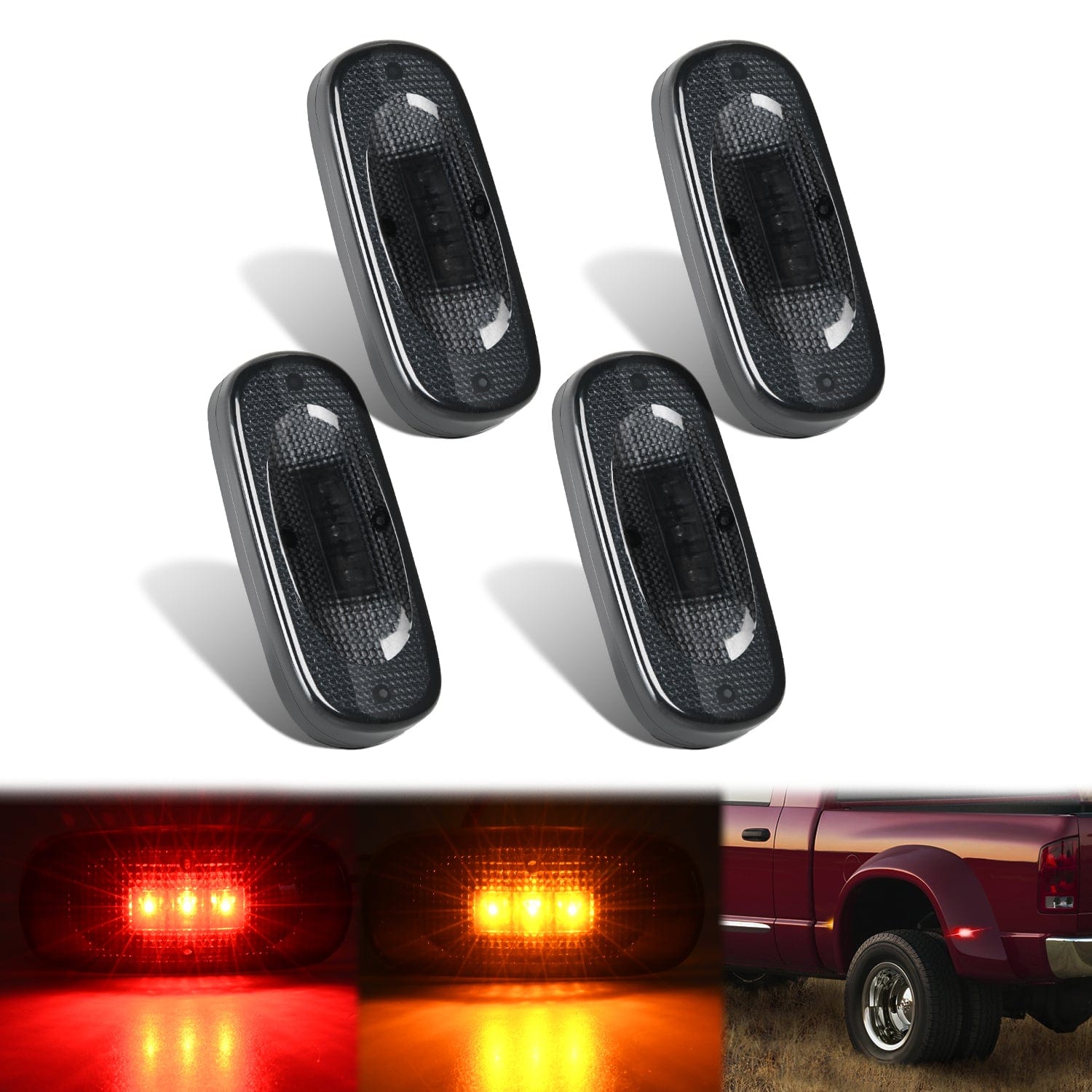 4 PCS 3 LED Red Amber Wheel Fender Side Marker Lights Smoked Lens Light Compatible With 2003-2009 Dodge Ram 1500 2500 3500 Super Duty Headlights - Top Tuning Boost