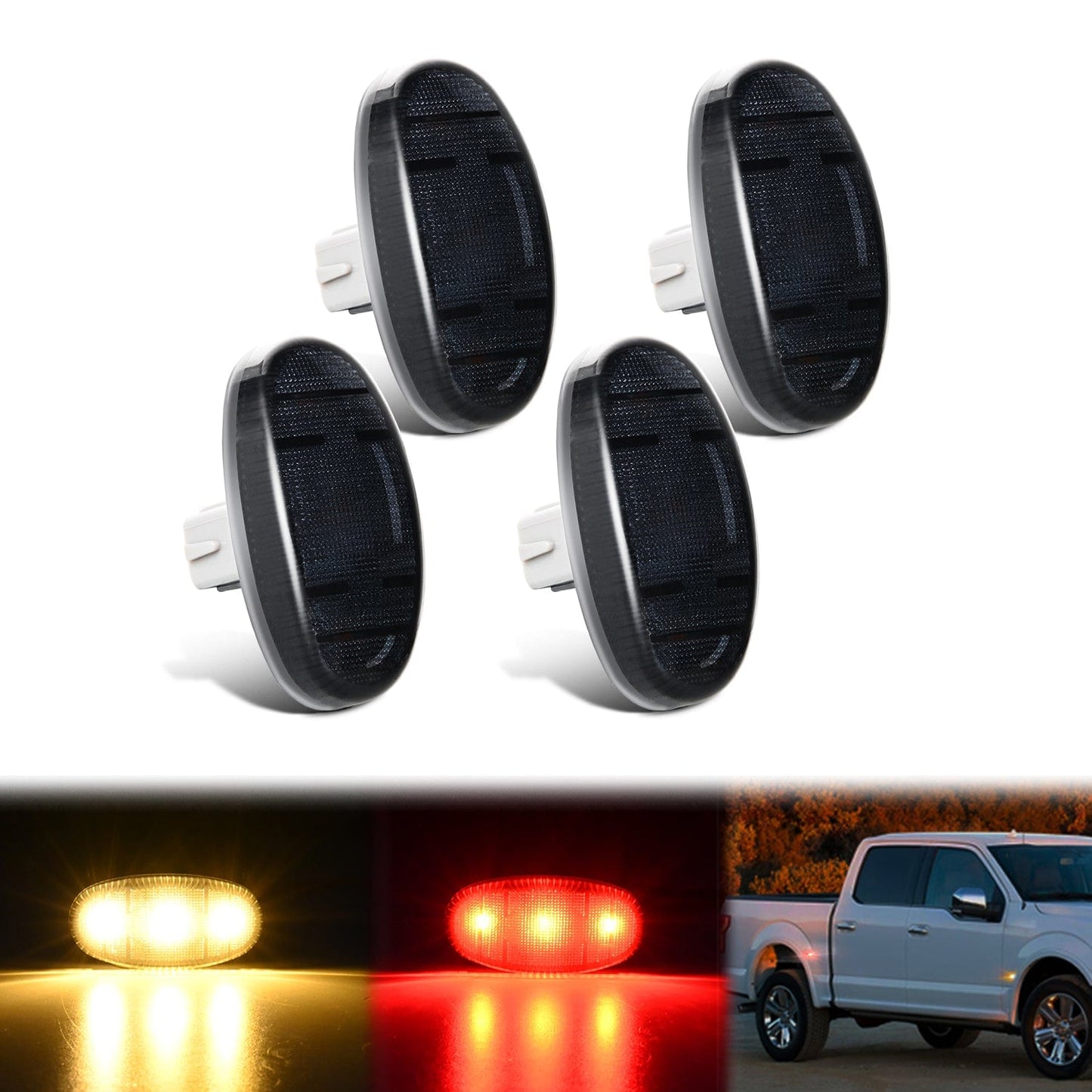 4 PCS 3 LED Red Amber Wheel Fender Side Marker Lights Smoked Lens Compatible With 2011-2016 F250 F350 F450 F550 Super Duty Headlights - Top Tuning Boost